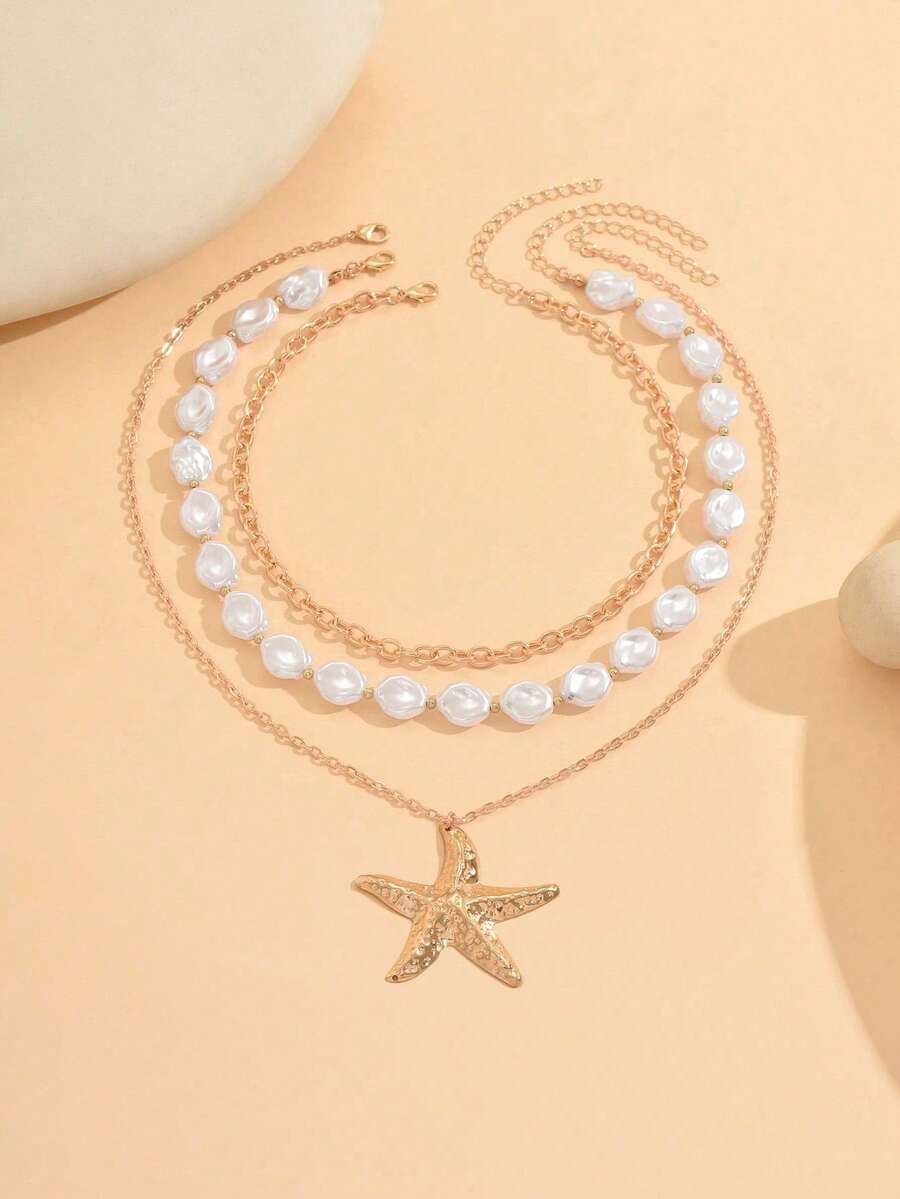 Bộ 3 chiếc vòng cổ hạt ngọc trai giả kiểu Bohemian, kiểu dáng không đều, mặt dây chuyền hình sao biển vàng đơn giản, nhiều lớp, phù hợp cho kỳ nghỉ biển và trang phục thường ngày. - Nhiều màu - Xem 1