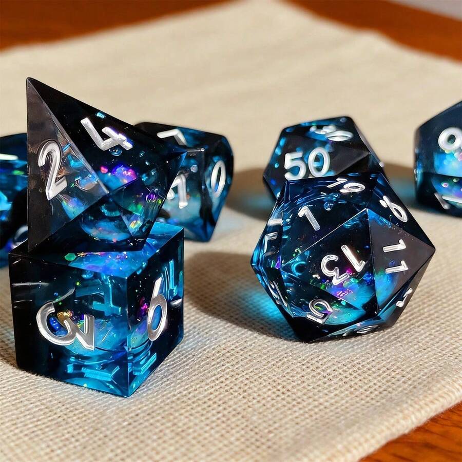 7pcs Liquid Sand Core Dice Set, Resin Multi-Sided RPG Dice With Sharp Edges, Handmade Role-Playing Game Accessories, Suitable For Christmas, Birthday, Festivals, Parties, Board Games, Valentine's Day, Gifts, Spring - Multicolor - View 1