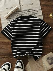 Camiseta de punto a rayas de manga corta para niños, top de punto casual de cuello redondo en blanco y negro, top de verano suave y transpirable para niños - Negro - Ver 4