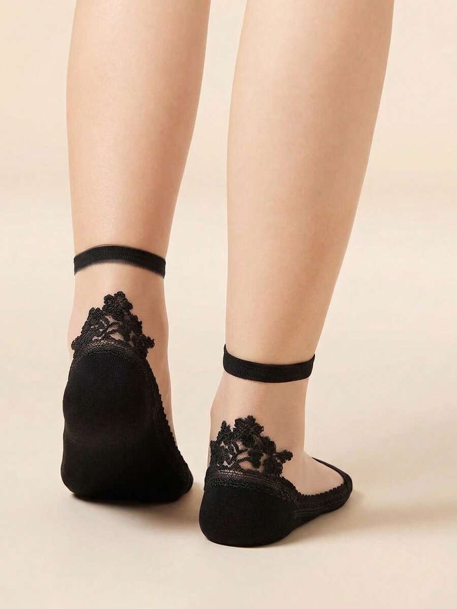 1 Pair Crew Socks, Ultra-Thin Glass Silk Crystal Socks, Sweet Korean Style Floral Lace Heel Detail, Comfortable Moisture-Wicking Breathable, Suitable As Mother's Day, Birthday, Daily Wear And Casual Outing Gift For Mother, Daughter, Girlfriend - Multicolor - View 1
