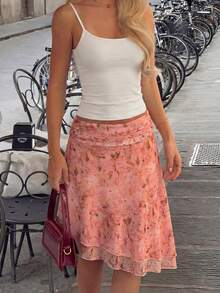 Women's Floral Print Ruched Waist Asymmetric Hem Midi Skirt, Vacation - Coral Pink - View 1