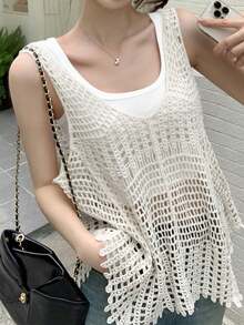Solid Color Hollow Out Scoop Neck Casual Fashionable Knit Vest For Summer White - White - View 4