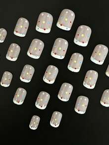 24pcs Colorful Polka Dot Pattern French Manicure Nail Stickers, Short Square Nude Cute Artificial Nails, White French Edge Suitable For All Seasons, Colorful Polka Dot Pattern, Short Artificial Nails, Nail Decor, Reusable, French Artificial Nails, Suitable For Ladies' Daily Commute, Work And Dates, Also Suitable As Gifts For Friends Who Like Sweet Style - Multicolor - View 3