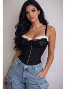 Women's Sexy Structured Lace Cropped Corset With Adjustable Straps And Reinforced Boning, Elegant Shaping Top, Fashion Party Night Outfit, Women's Tank Top - 黑色 - 查看 3
