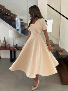 2pcs Elegant & Casual Minimalist Commute Office Daily Wear Dresses Set For Women, Spring/Summer - Champagne - View 6