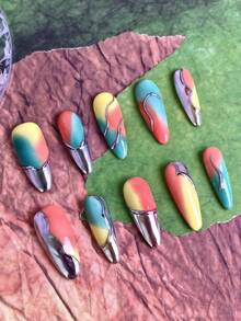 10片Y2K风格女士美甲贴片，手工制作，亚克力材质，渐变彩虹色搭配银色金属漩涡图案，光泽亮丽的长杏仁形，可重复使用，适合夏季、节日、派对和日常佩戴。包含美甲师专用工具和指甲油。 - 彩色 - 查看 4