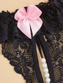A Pair Of Pearl-Embellished, Open-Crotch Sexy Thongs With A Kawaii Bow And Lace Detailing, Perfect For Valentine's Day. - Black - View 5