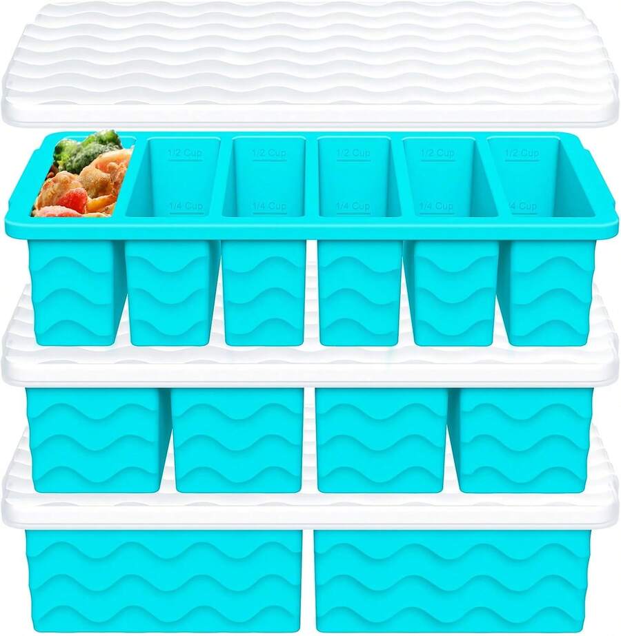 3-Pack Silicone Freezer Trays With Lid,2 Large 2-Cup(500ml)&4 Medium 1-Cup(125ml)&6 Small 1/2-Cup(75ml) Soup Freezer Container Molds, Tray For Meal Prep&Freezing Soup,Stews,Sauces - Xanh nửa đêm - Xem 1