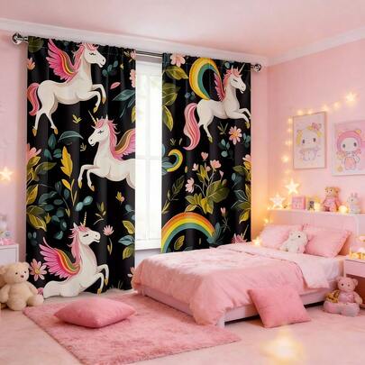 2pcs Unicorn Print Curtains, Adorned With Colorful Rainbow-Winged Unicorns And Floral Patterns, Featuring A 2D Flat Print, A Whimsical And Playful Style, And Allowing Light To Pass Through. Suitable For A Girl's Bedroom And Living Room.