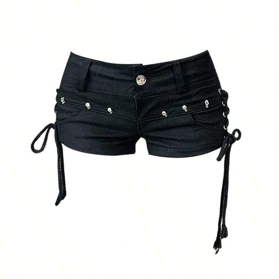 2026 Women's Black Gothic Denim Shorts Vintage Aesthetic Korean Low Waist Jean Shorts Harajuku Y2k Cowboy Short Pants Clothes Summer Shorts For Women Summer Outfits For Women Summer Clothes Vacation Outfits Women Shorts De Mujer - 黑色 - 查看 1