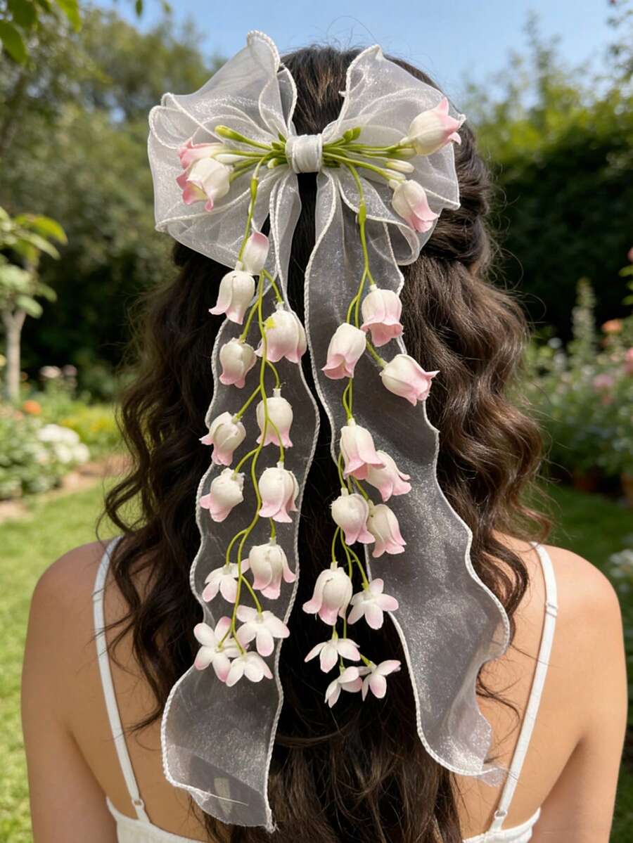 1 pieza Clip para el cabello con lazo de malla de imitación suave y dulce de lirio del valle, pinzas para el cabello - blanco rosado - Ver 1