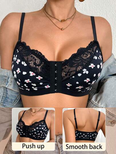 Sutiã Sexy de Renda com Fechamento Frontal, Estampa Floral Recortada, Design Sem Fio, Casual, Confortável, Alça Racerback Fina, Sutiã Esportivo