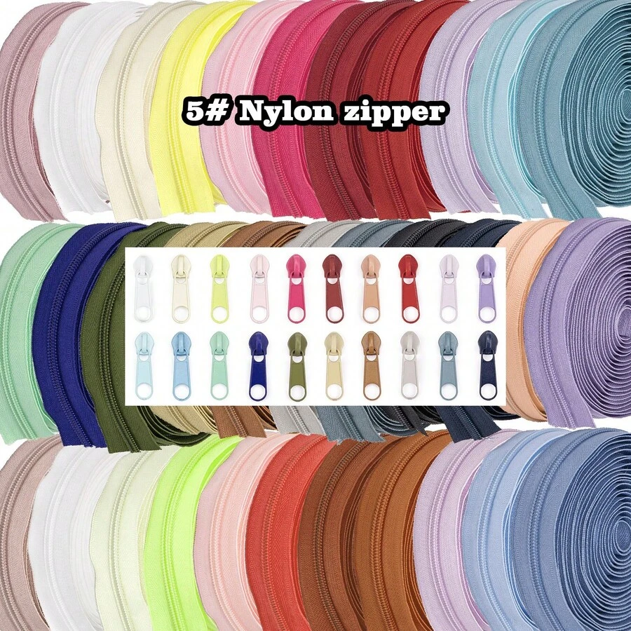 1 Set, #5 Nylon Zipper (Zipper Length 177 Inches/4.5 Meters) + 20 Zipper Pulls, 20 Colors Available, Suitable For Clothing, Bags, Sewing Replacement And More - 5nl+20cpt - View 1