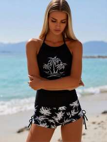 Fashion Swimsuit Women's Black Coconut Tree Print Halter Tankini + Boyshort Set For Beach Vacation, Casual & Slim Fit - 黑色 - 查看 2