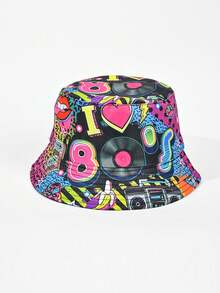 1pc Unisex Retro 80s Letter Graphic Printed Reversible Bucket Hat, Random Pattern Placement, Suitable For Spring/Summer - A - View 22