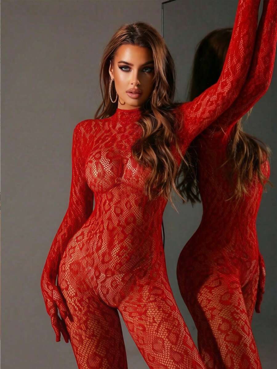 Body de red sexy para mujer, body ajustado de malla, lencería, ropa de dormir, cubierta de bikini - Rojo - Ver 1