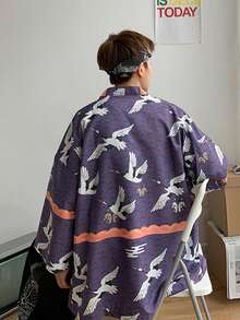 Japanese Ukiyo-E Style Crane Print Kimono Cover Up, Loose Fit For Summer Beach Vacation, Niche Design Swimsuit Cover-Up - Purple - View 2