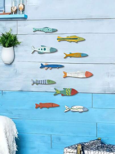10 Stück/Set 2D bunte hölzerne tropische Fisch Wanddekoration, Landhausstil, mediterraner Stil kreative Fisch Wandaufkleber, Gruppe hölzerner Fische Küstenwanddekoration, Ozean Thema Badezimmer Wandbehang Geschenke
