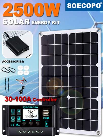 Hệ thống năng lượng mặt trời hoàn chỉnh 2500W kèm bộ điều khiển, tấm pin năng lượng mặt trời USB, bộ điều khiển 100A, biến tần 12V/24V, thích hợp cho gia đình, xe RV, cắm trại, chống thấm nước.