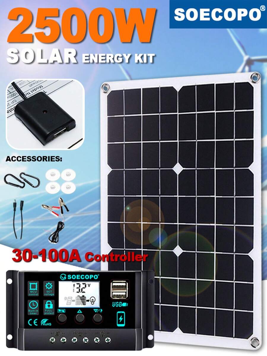Hệ thống năng lượng mặt trời hoàn chỉnh 2500W kèm bộ điều khiển, tấm pin năng lượng mặt trời USB, bộ điều khiển 100A, biến tần 12V/24V, thích hợp cho gia đình, xe RV, cắm trại, chống thấm nước.