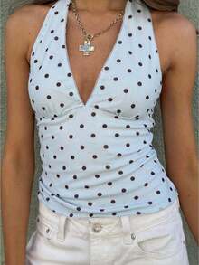 Women's Sleeveless Polka Dot Print Halter Neck Backless Ruched Picot Trim Crop Top, Slim Fit 2026 Summer Y2K Casual Going Out Cami Blouse - azul claro - Ver 1
