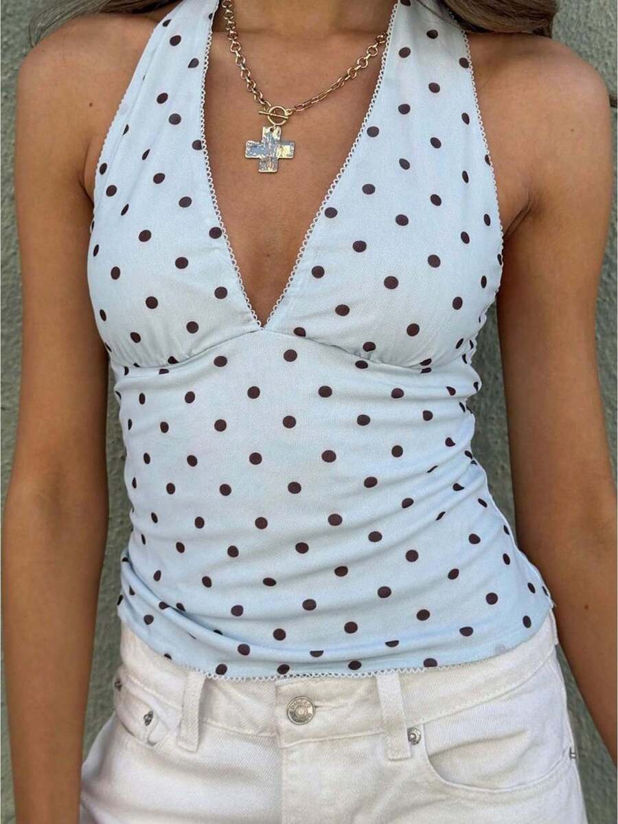 Women's Sleeveless Polka Dot Print Halter Neck Backless Ruched Picot Trim Crop Top, Slim Fit 2026 Summer Y2K Casual Going Out Cami Blouse - azul claro - Ver 1
