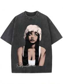 Black Vintage Washed Cotton Tee For Women 18-50 Pinkpantheress Signature Graphic Print Indie Pop Streetwear Loose Fit Top - 黑色 - 查看 1