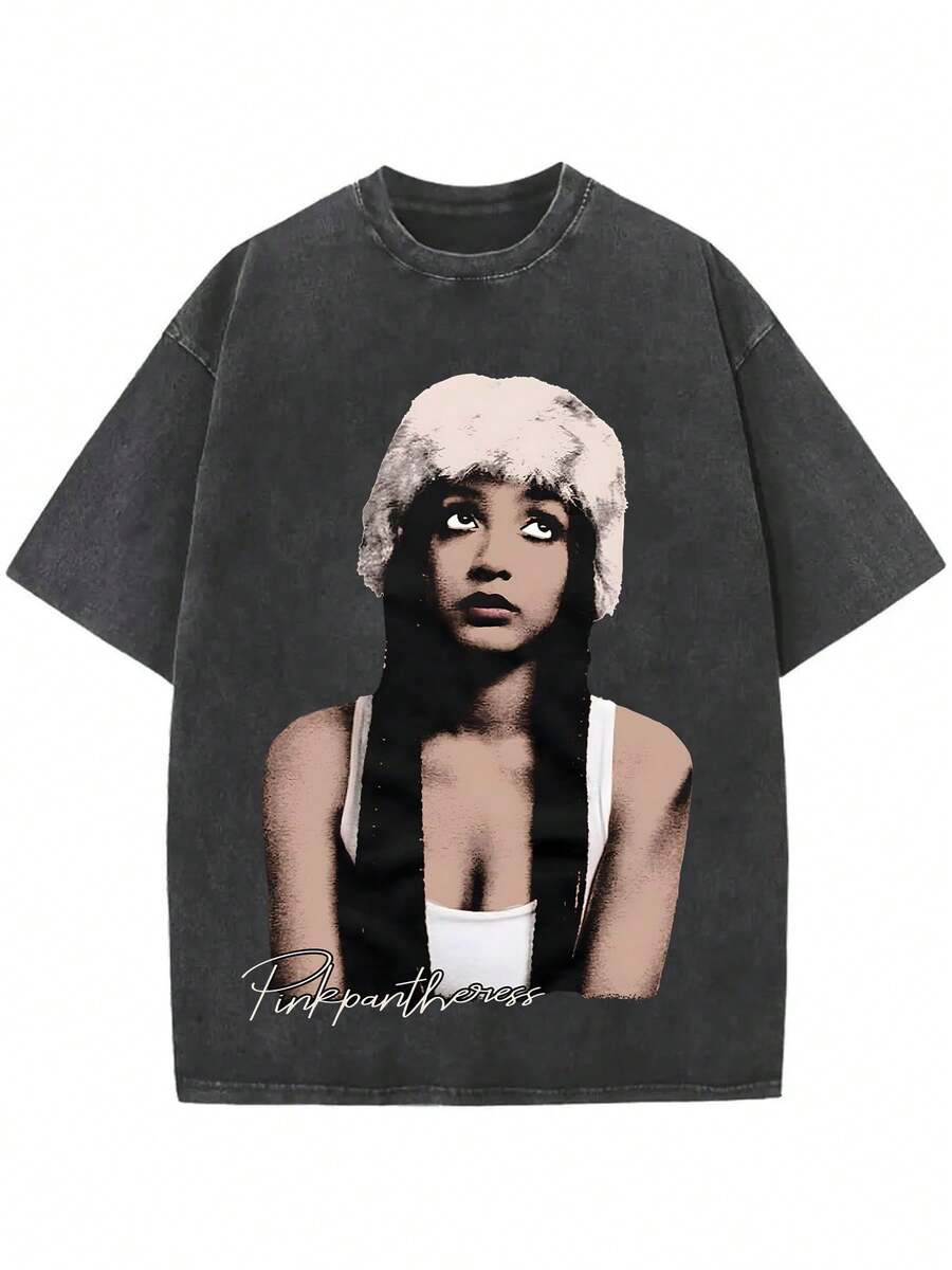 Black Vintage Washed Cotton Tee For Women 18-50 Pinkpantheress Signature Graphic Print Indie Pop Streetwear Loose Fit Top - 黑色 - 查看 1
