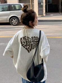 日系女式宽松圆领休闲百搭字母爱心印花短袖T恤，春夏款 - 淺花灰 - 查看 1