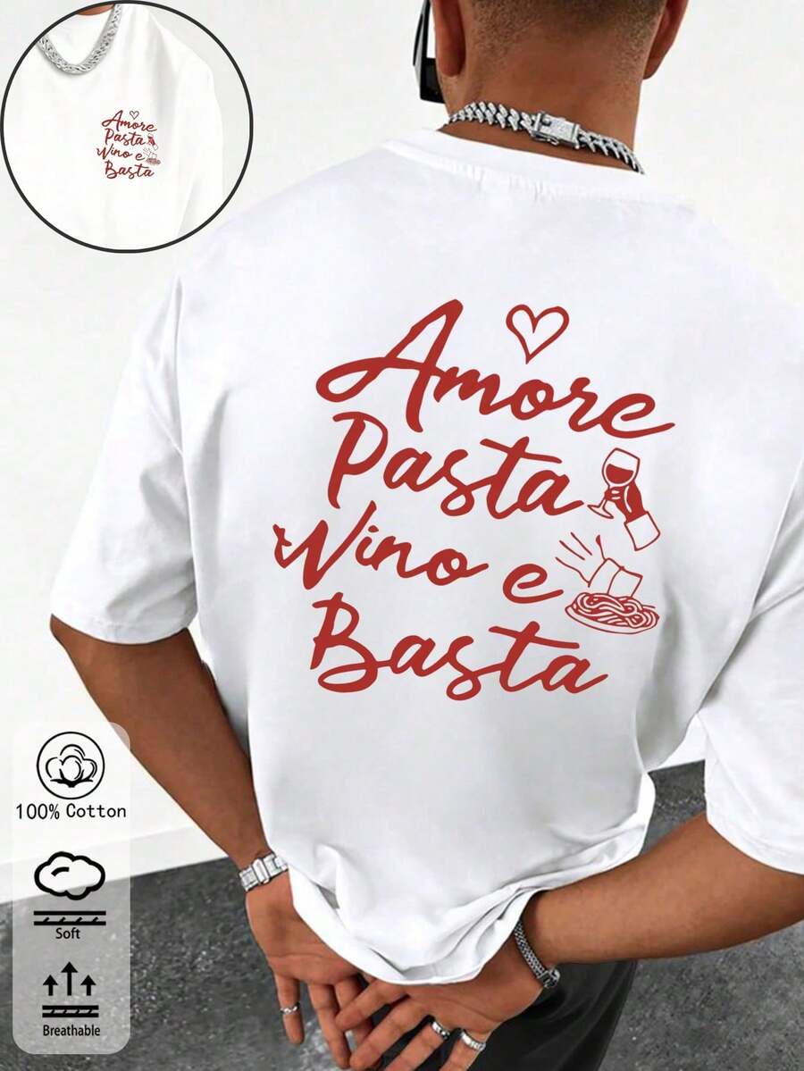 Amore 義大利麵與紅酒設計男士修身T恤,度假旅行海灘、日常聚會 - 白色 - 查看 1