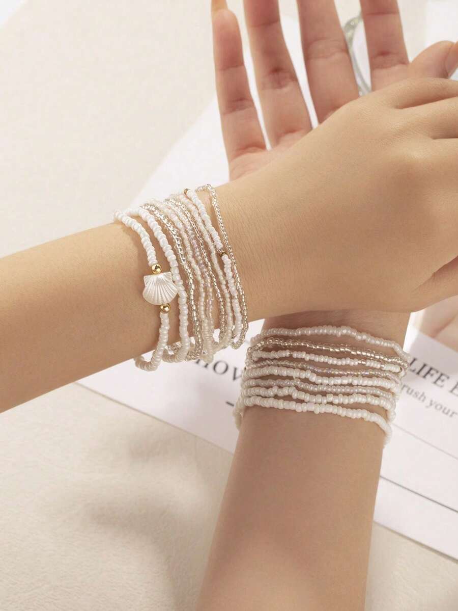 17 chiếc vòng tay nữ màu trắng đính hạt cườm thủy tinh kiểu dáng bãi biển, có thể xếp chồng lên nhau. - trắng - Xem 1