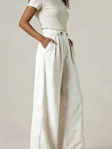 Pantalones de mujer de cintura alta y pierna ancha, estilo suelto y plisado con bolsillos, adecuados para el lugar de trabajo, la oficina, el casual, la playa, los viajes, versátiles - blanquecino - Ver 3