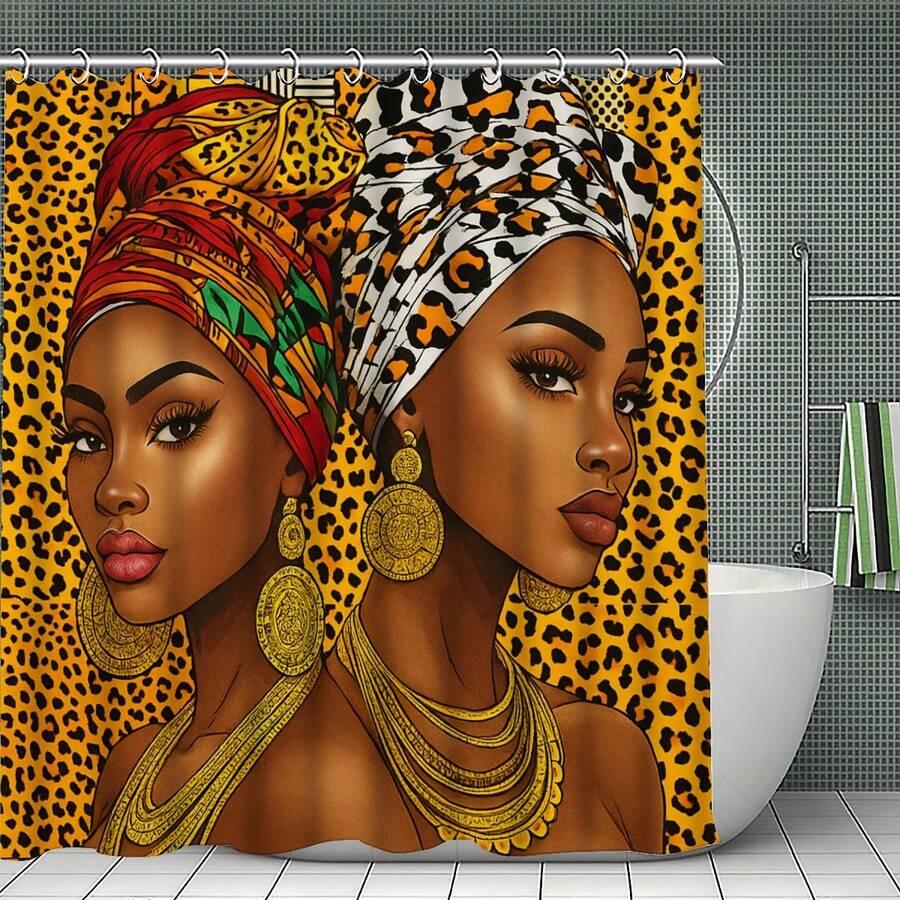 1/2 Set Of African-Themed Beauty Bath Curtain Set, Golden-Brown Portrait Bathroom Decor, Includes A Floor Mat, U-Shaped Cushion, Toilet Lid Cover, And 12 Hooks. 70.87 X 70.87 Inches Bath Curtain. Home Decor, Bathroom Accessories.