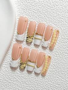 10Pcs Luxurious And Elegant Style Handmade Nail Art Set,Unghie Press On,Golden Pearl Nail Art Accessories,Line Nail Art Decorations,Yellow Nail Polish,Noble And Stylish Aesthetic,Comes With Nail Tools(1 Sheets Jelly Stickers+1PC Nail File)3 Sizes Available,Almond Nails, Duck Nails,Coffin Nails,Suitable For Reunion,Daily,Party,Photograph,Play,Spring Summer,Commute Supplies Nails - 彩色 - 查看 4