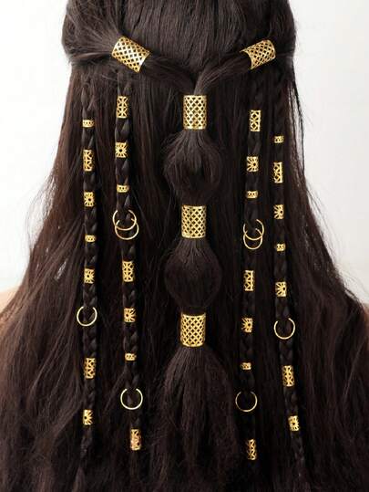 45pcs Vintage Bohemian Style Alloy Hair Rings Set - Hollow Round Hair Accessories Suitable For Women And Girls, Elegant Solid Color Braided Hair Decorations And DIY Hairstyle Design