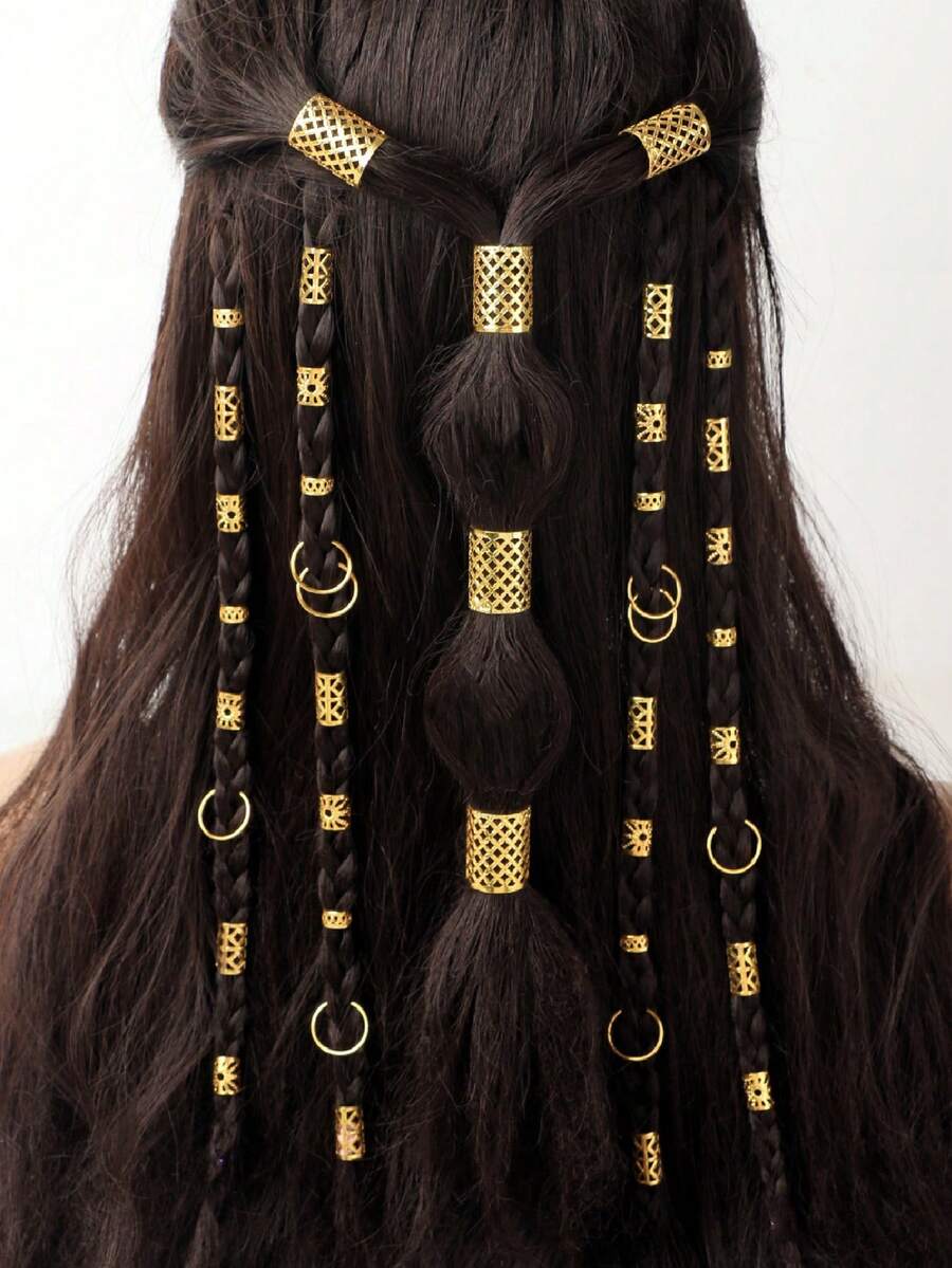 45pcs Vintage Bohemian Style Alloy Hair Rings Set - Hollow Round Hair ...