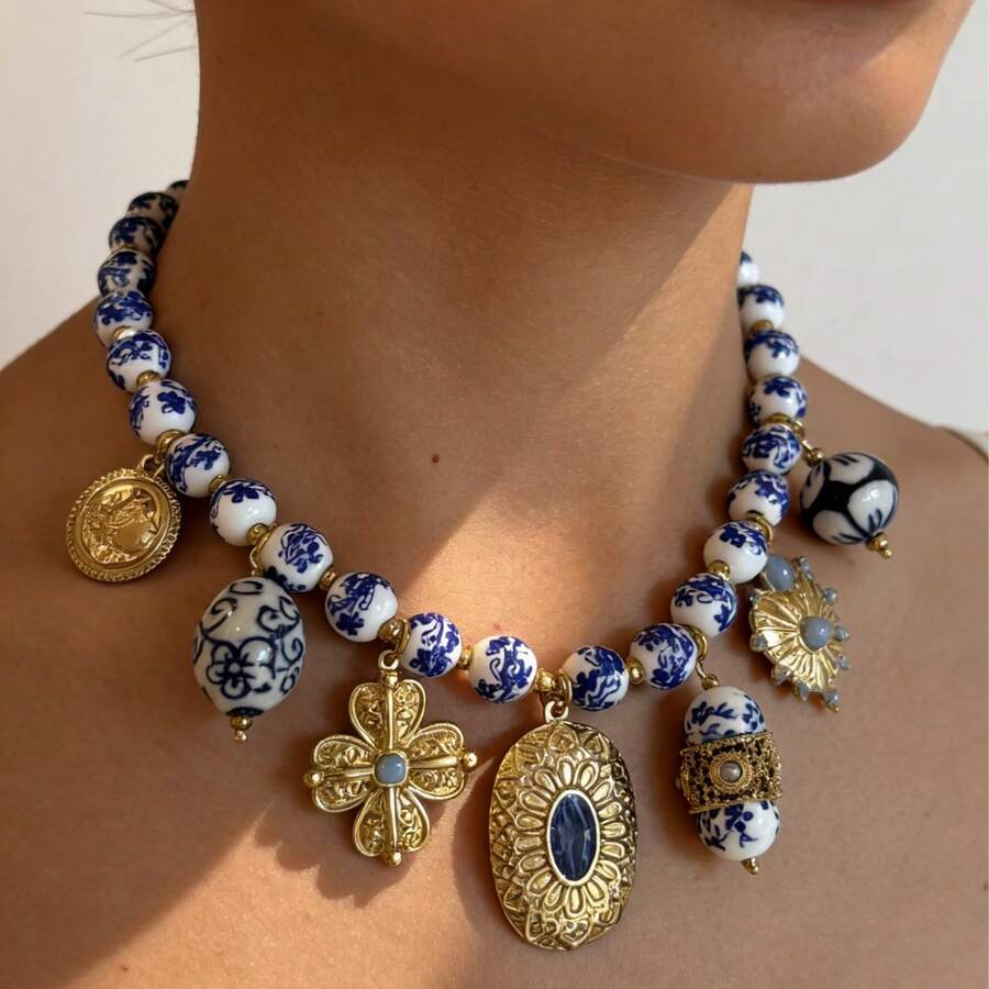 New Vintage Palace Style Multi-Pendant Stainless Steel Necklace, Fashionable Luxury Elegant Pendant Design For Party, Holiday, Daily Wear - 陶瓷款多吊墜 - 查看 1