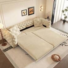 97.7" 3-In-1 Convertible Sleeper Sofa, 28.4" Deep Seat Pull Out Sofa Bed,Button Tufted Modern Sofa, 4-Seater Couch With Movable Ottoman  For Living Room, Apartment, Office, Bedroom,Beige/White - Albaricoque + Terciopelo + 4 plazas - Ver 1