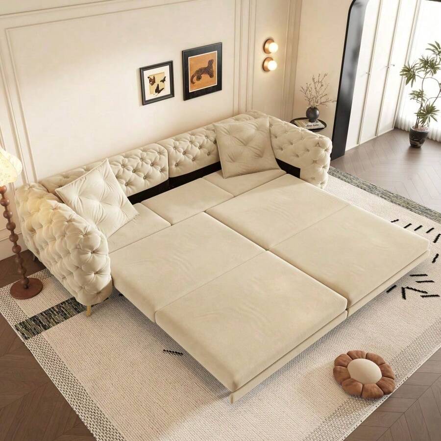 97.7" 3-In-1 Convertible Sleeper Sofa, 28.4" Deep Seat Pull Out Sofa Bed,Button Tufted Modern Sofa, 4-Seater Couch With Movable Ottoman  For Living Room, Apartment, Office, Bedroom,Beige/White - Albaricoque + Terciopelo + 4 plazas - Ver 1