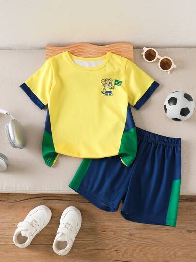 两件套幼儿男童休闲户外运动套装，时尚豹纹卡通数码印花拼接圆领短袖T恤和短裤，舒适夏季服装