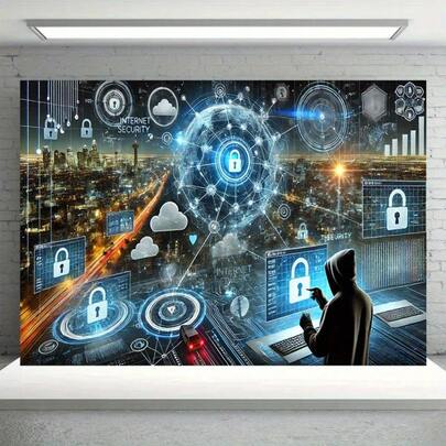 2D Plat, 2D Plat - 2D Plat, 2D Plat - Bannière Cybersécurité Extra Large en Design 2D Plat - Avec Thème Hacker Comprenant des Éléments Comme le Dark Web, le VPN, les Pare-feux et les Mots de Passe - Idéal pour la Maison et le Bureau