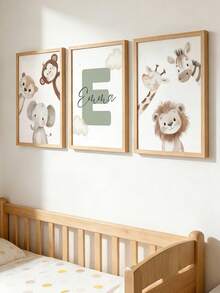 3pcs Customized Green Wall Art, Personalized Name, Wild Animals & Dinosaur Prints, Cute Animal Paintings, Decor For Boys Room, Bedroom, Unique Birthday Gift For Friends & Family, Frameless - Multicolor - View 2