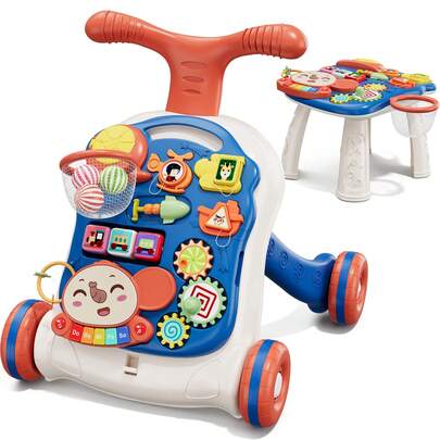  QDRAGON 3 In 1 Baby Walker And Activity Center For Boy, Learning To Walk, Sit To Stand, Early Educational Push Toys With Music Panel For Infant Toddler 12-18 Months Blue
