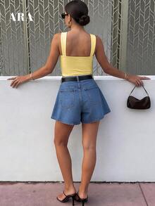 ARA CHIC Women's Yellow Spaghetti Strap Low-Cut Backless Camisole, Sexy Fitted Comfortable Versatile Tank Top, New Arrival Spring/Summer For Vacation & Commute - Yellow - View 4