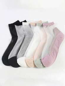 1 Pair Crew Socks, Ultra-Thin Glass Silk Crystal Socks, Sweet Korean Style Floral Lace Heel Detail, Comfortable Moisture-Wicking Breathable, Suitable As Mother's Day, Birthday, Daily Wear And Casual Outing Gift For Mother, Daughter, Girlfriend - Multicolor - View 2