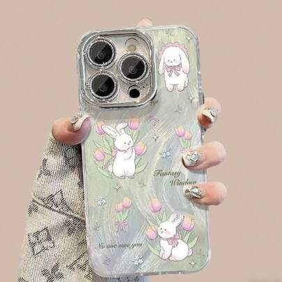 1 chiếc ốp lưng điện thoại bảo vệ toàn diện chống sốc, họa tiết hoa tulip nhuộm tie-dye và lông thỏ, dành cho iPhone 11/12/13/14/15/16/17/Pro Max.