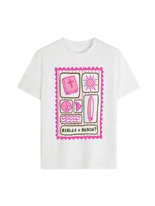 Bibles + Beach 圖案印花 T-shirt，經典海岸信仰印花短袖上衣，夏季度假休閒衝浪風上衣 - 白色 - 查看 3
