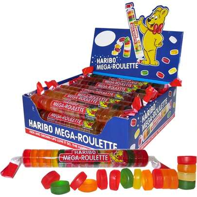  Haribo Mega Roulette Caramelos de Goma caja 24u- 45g cada paquete, 1080 gr en total Sabor de toda la vida Garantizada