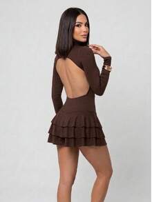 Women's Short Dress With Long Sleeves, Open Back, Ruffled Hem, Elegant, Layered, For Parties, Beach, Vacations, Stage And Concerts. - Rust Brown - View 1