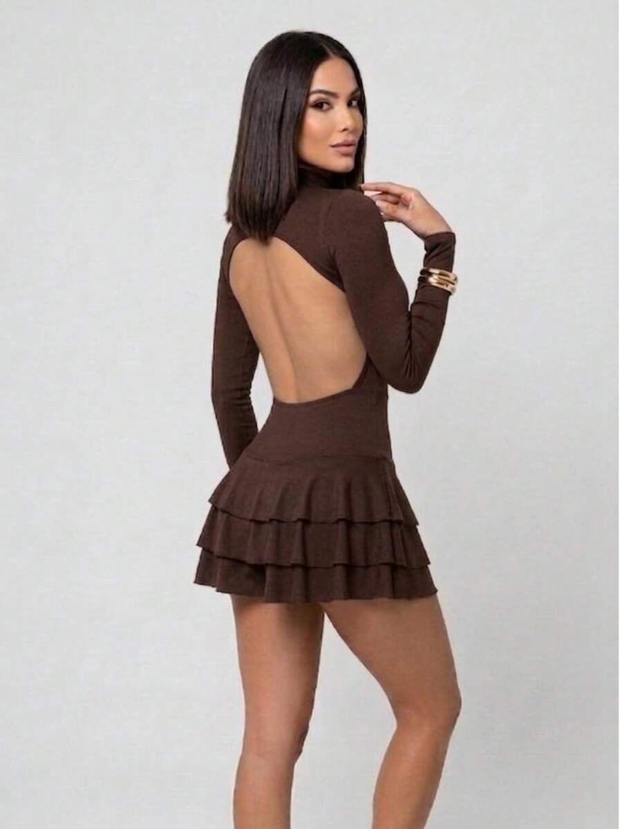 Women's Short Dress With Long Sleeves, Open Back, Ruffled Hem, Elegant, Layered, For Parties, Beach, Vacations, Stage And Concerts. - Rust Brown - View 1